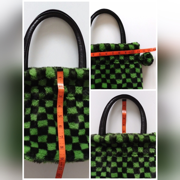 Jayley Collection Faux Fur Bag Purse Handbag Black & Green Checkered - Picture 8 of 11